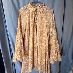 Loveriche Yellow Floral Ruffle Neck Long Sleeve Tunic Blouse L